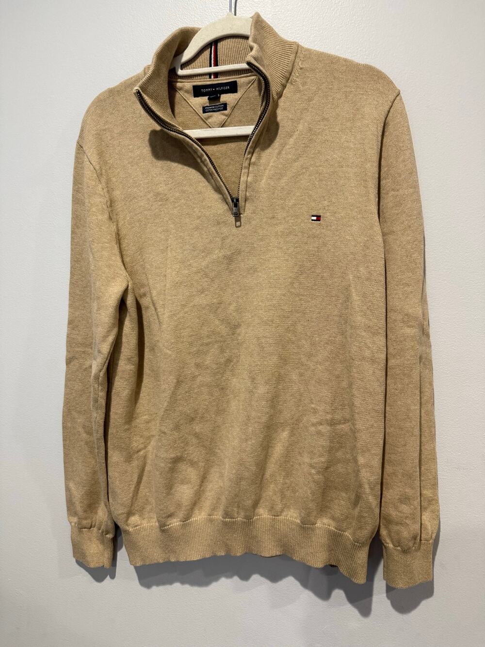 Tommy Hilfiger Quarter Zip Sweater Men's Large Beige Premium Cotton Pullover